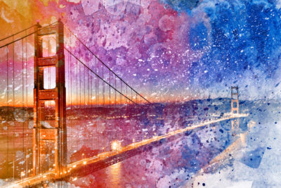 <br />
Mixed media photomanipulation combining an early morning long exposure photo I took of the Golden Gate Bridge in San Francisco (USA) and a composite abstract acrylic painting. 
<br /><br />
Special thanks to the talented artist <b><u><a href='http://theparasiticbandaid.deviantart.com/' title='Lara Mukahirn' target='_blank'>Lara Mukahirn</a></u></b> for painting the <b><u><a href='http://freestock.ca/abstract_g68-abstract_painting__acrylic_texture_p3991.html' title='Acrylic Painting' target='_blank'>acrylic textures</a></u></b>. Feel free to click on her name to visit her gallery on deviantART. 
<br /><br />
Available at web resolution under a Creative Commons license on condition of including credits and a link back to the <b><u><a href='http://freestock.ca/mixed_media_vexels_g100-golden_dawn_bridge__vibrant_acrylic_infusion_p4308.html' title='Golden Acrylic Bridge' target='_blank'>same image</a></u></b> from my sister website <b><u><a href='http://freestock.ca' title='freestock.ca' target='_blank'>freestock.ca</a></u></b>. For purchasing a license of this image at much higher resolution or without credit requirements, please feel free to <b><u><a href='http://somadjinn.com/theme-options/contact/' title='contact' target='_blank'>contact me</a></u></b>, I am open to discuss fair pricing for using my work in a wide variety of applications.