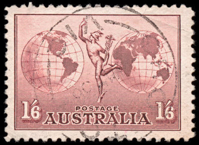 <br/>
High resolution scan of a vintage stamp from Australia. This one in particular features the messenger god Mercury between 2 global hemispheres, and to the best of my knowledge it was issued around the year 1934.<br><br>

While the design of this stamp is considered to be in the public domain, I hope you can appreciate my considerable efforts to process and embellish it for larger-than-life display. As such, please do not claim my high resolution scan as your own, and if possible, I would very much like to know how you put it to good use :-)<br><br>

Available at web resolution under a Creative Commons license on condition of including credits and a link back to the <b><u><a href='http://freestock.ca/vintage_heraldry_g88-brown_airmail_stamp__australia_circa_1934_p2600.html' title='Vintage Australian Air Mail Stamp' target='_blank'>same image</a></u></b> from my sister website <b><u><a href='http://freestock.ca' title='freestock.ca' target='_blank'>freestock.ca</a></u></b>. For purchasing a license of this image at much higher resolution or without credit requirements, please feel free to <b><u><a href='http://somadjinn.com/theme-options/contact/' title='contact' target='_blank'>contact me</a></u></b>, I am open to discuss fair pricing for using my work in a wide variety of applications.