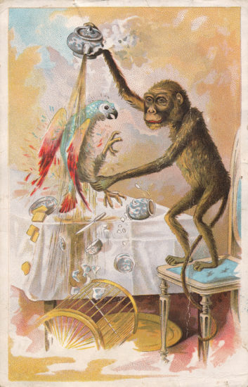 <br/>
Antique victorian trade card featuring a monkey pouring coffee over a parrot. Originally meant as a an advertisement, I have to admit its meaning is lost on me, but at least it delivers some comic relief :-)<br><br>

While the design of this card is considered to be in the public domain, I hope you can appreciate my considerable efforts to scan and process it for high resolution display. As such, please do not claim the image as your own, and if possible, I would very much like to know how you put it to good use.<br><br>

Available at web resolution under a Creative Commons license on condition of including credits and a link back to the <b><u><a href='http://freestock.ca/vintage_heraldry_g88-victorian_trade_card__monkey_business_p2536.html' title='Vintage Monkey Business' target='_blank'>same image</a></u></b> from my sister website <b><u><a href='http://freestock.ca' title='freestock.ca' target='_blank'>freestock.ca</a></u></b>. For purchasing a license of this image at much higher resolution or without credit requirements, please feel free to <b><u><a href='http://somadjinn.com/theme-options/contact/' title='contact' target='_blank'>contact me</a></u></b>, I am open to discuss fair pricing for using my work in a wide variety of applications.