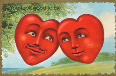 <br />
Antique Valentine’s Day greeting card dating from 1909, featuring a pair of large hearts illustrated with human faces: One male and the other female looking at each other with romantic desire, along with a caption reading “You look good to me.”
<br /><br />
Available at web resolution under a Creative Commons license on condition of including credits and a link back to the <b><u><a href='http://freestock.ca/vintage_heraldry_g88-antique_valentine_s_day_card__circa_1909_p3953.html' title='Vintage Valentine' target='_blank'>same image</a></u></b> from my sister website <b><u><a href='http://freestock.ca' title='freestock.ca' target='_blank'>freestock.ca</a></u></b>. For purchasing a license of this image at much higher resolution or without credit requirements, please feel free to <b><u><a href='http://somadjinn.com/theme-options/contact/' title='contact' target='_blank'>contact me</a></u></b>, I am open to discuss fair pricing for using my work in a wide variety of applications.