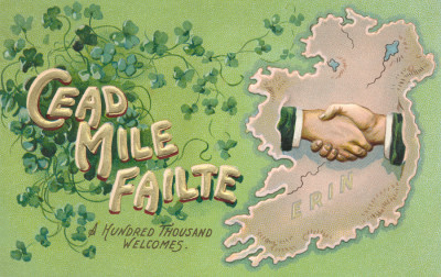 <br />
Front side of an antique Irish welcome postcard dating from 1909.
<br /><br />
Available at web resolution under a Creative Commons license on condition of including credits and a link back to the <b><u><a href='http://freestock.ca/vintage_heraldry_g88-antique_ireland_welcome_postcard__circa_1909_p2657.html' title='Vintage Irish Welcome Card' target='_blank'>same image</a></u></b> from my sister website <b><u><a href='http://freestock.ca' title='freestock.ca' target='_blank'>freestock.ca</a></u></b>. For purchasing a license of this image at much higher resolution or without credit requirements, please feel free to <b><u><a href='http://somadjinn.com/theme-options/contact/' title='contact' target='_blank'>contact me</a></u></b>, I am open to discuss fair pricing for using my work in a wide variety of applications.