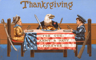 <br />
Antique Thanksgiving greeting card dating from 1908, illustrated with elements of American patriotism like an eagle and 2 boys in military uniforms. All sitting around a table ready to carve & eat turkey with the US flag as a table nap and a caption that reads “FOR OUR ARMY & NAVY FOREVER”. Selectively cross-processed with vibrant blues for more dynamic contrast against the warmer colors.
<br /><br />
Available at web resolution under a Creative Commons license on condition of including credits and a link back to the <b><u><a href='http://freestock.ca/vintage_heraldry_g88-antique_patriotic_thanksgiving_card__circa_1908_p3955.html' title='Vintage Patriotic Thanksgiving' target='_blank'>same image</a></u></b> from my sister website <b><u><a href='http://freestock.ca' title='freestock.ca' target='_blank'>freestock.ca</a></u></b>. For purchasing a license of this image at much higher resolution or without credit requirements, please feel free to <b><u><a href='http://somadjinn.com/theme-options/contact/' title='contact' target='_blank'>contact me</a></u></b>, I am open to discuss fair pricing for using my work in a wide variety of applications.