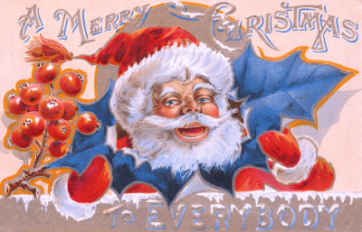 <br />
Antique Christmas greeting card dating from around 1911, illustrated with a smiling Santa Claus holding a mistletoe leaf. Also toned with wintry blue colors for the time of year and more dynamic contrast against the complementary reds & oranges.
<br /><br />

Available at web resolution under a Creative Commons license on condition of including credits and a link back to the <b><u><a href='http://freestock.ca/vintage_heraldry_g88-antique_christmas_card__circa_1911_p3871.html' title='Vintage Christmas' target='_blank'>same image</a></u></b> from my sister website <b><u><a href='http://freestock.ca' title='freestock.ca' target='_blank'>freestock.ca</a></u></b>. For purchasing a license of this image at much higher resolution or without credit requirements, please feel free to <b><u><a href='http://somadjinn.com/theme-options/contact/' title='contact' target='_blank'>contact me</a></u></b>, I am open to discuss fair pricing for using my work in a wide variety of applications.